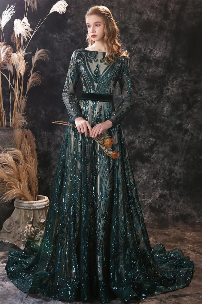Bellasprom Dark Green Sequins Long Sleeves Evening Dress With Detachable Skirt Bellasprom