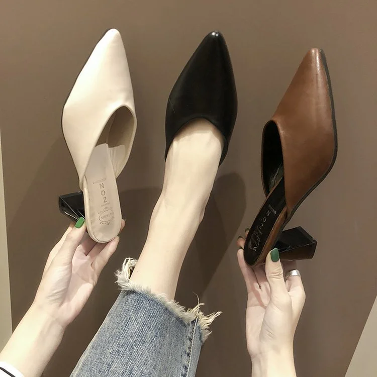 Wongn Wongn Summer New Korean Version Of Pointed Head Half Drag Pointed Head Thick Heel Slippers High Heels Women's Shoes