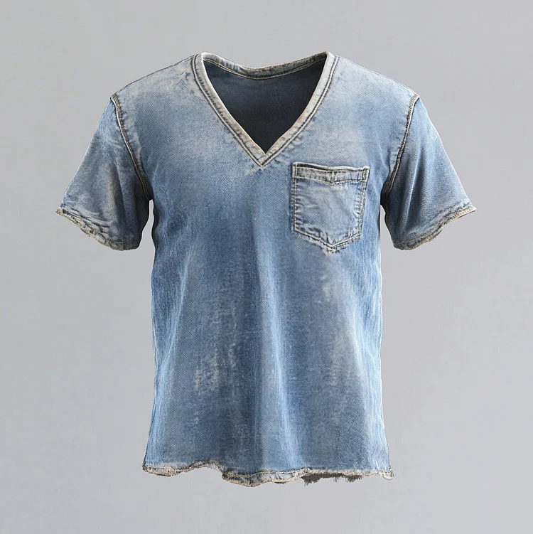 Men's Casual V Neck Short Sleeve Distressed Denim T-Shirt