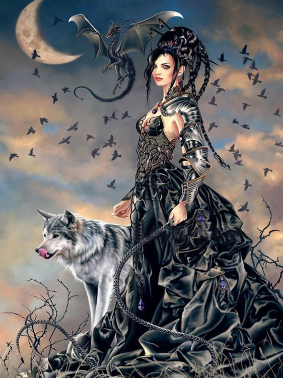 Moon Cool Girl And Wolf 40*50CM(Canvas) Full Round Drill Diamond Painting gbfke