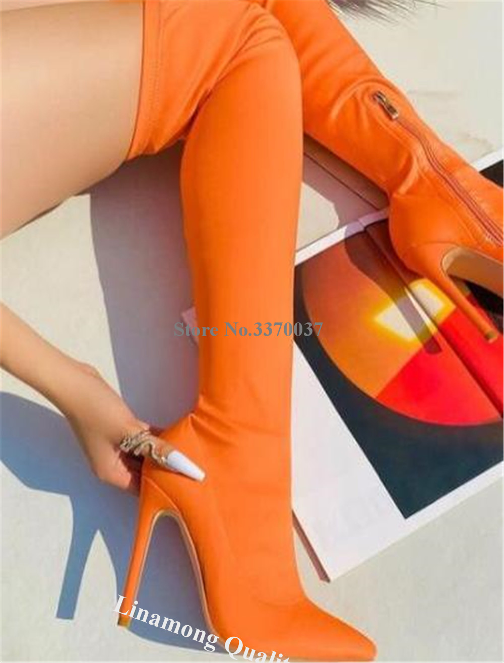 VCSHOES Thin Heel Over-the-Knee Boots Pointed Toe Orange Red Pink Slim Style Stiletto Heel Long Boots Party Heels