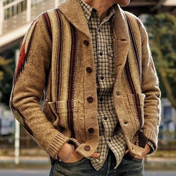 Men's Coat Fashion Retro Lapel Knited Cardigan