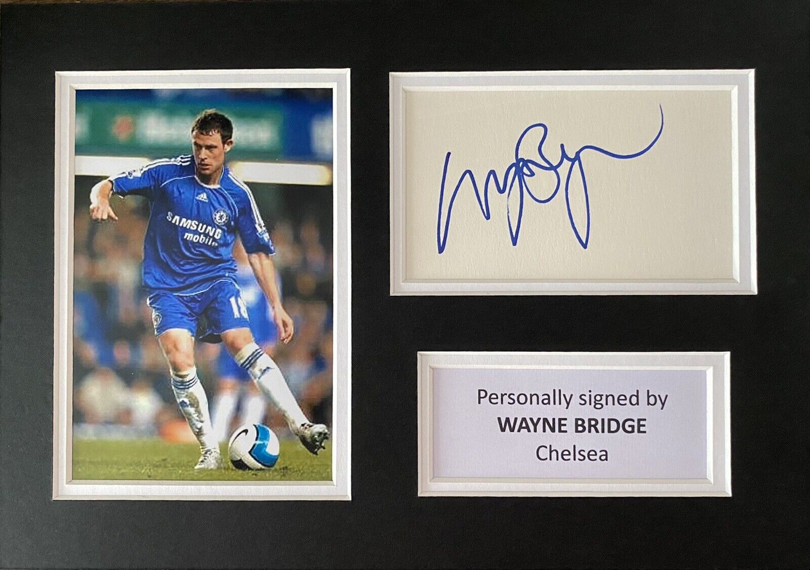 Wayne Bridge Hand Signed White Card In A4 Chelsea Mount Display