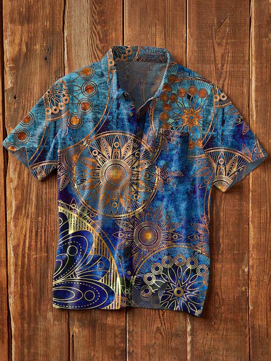 Men's Retro Pattern Printed Casual Lapel Short Sleeve Shirt