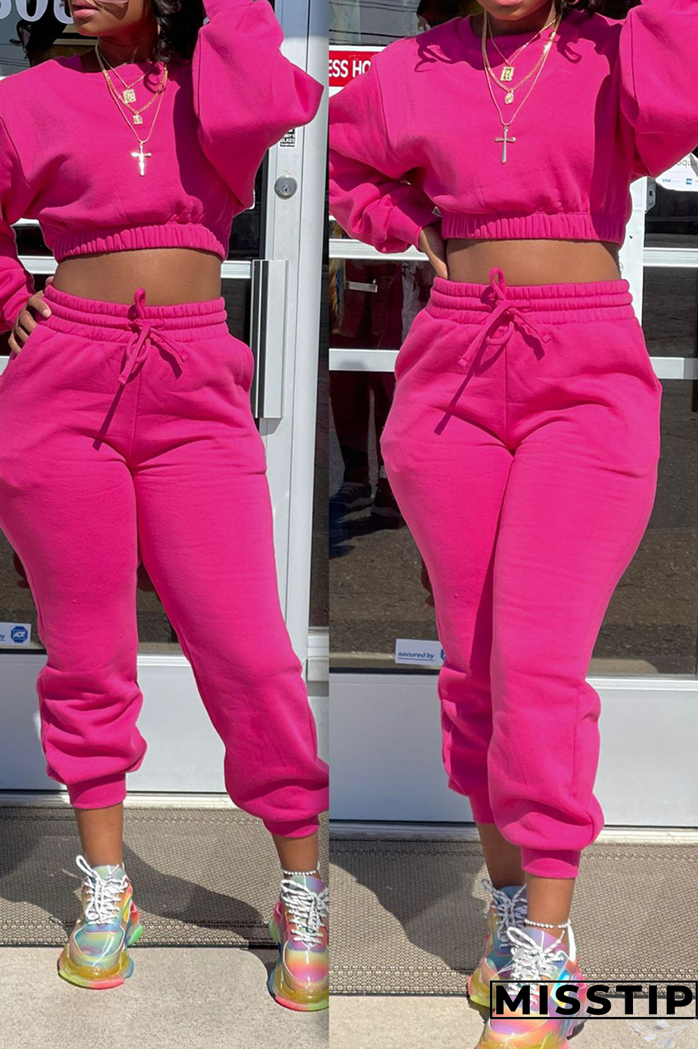 Yellow Street Solid Patchwork O Neck Long Sleeve Two Pieces