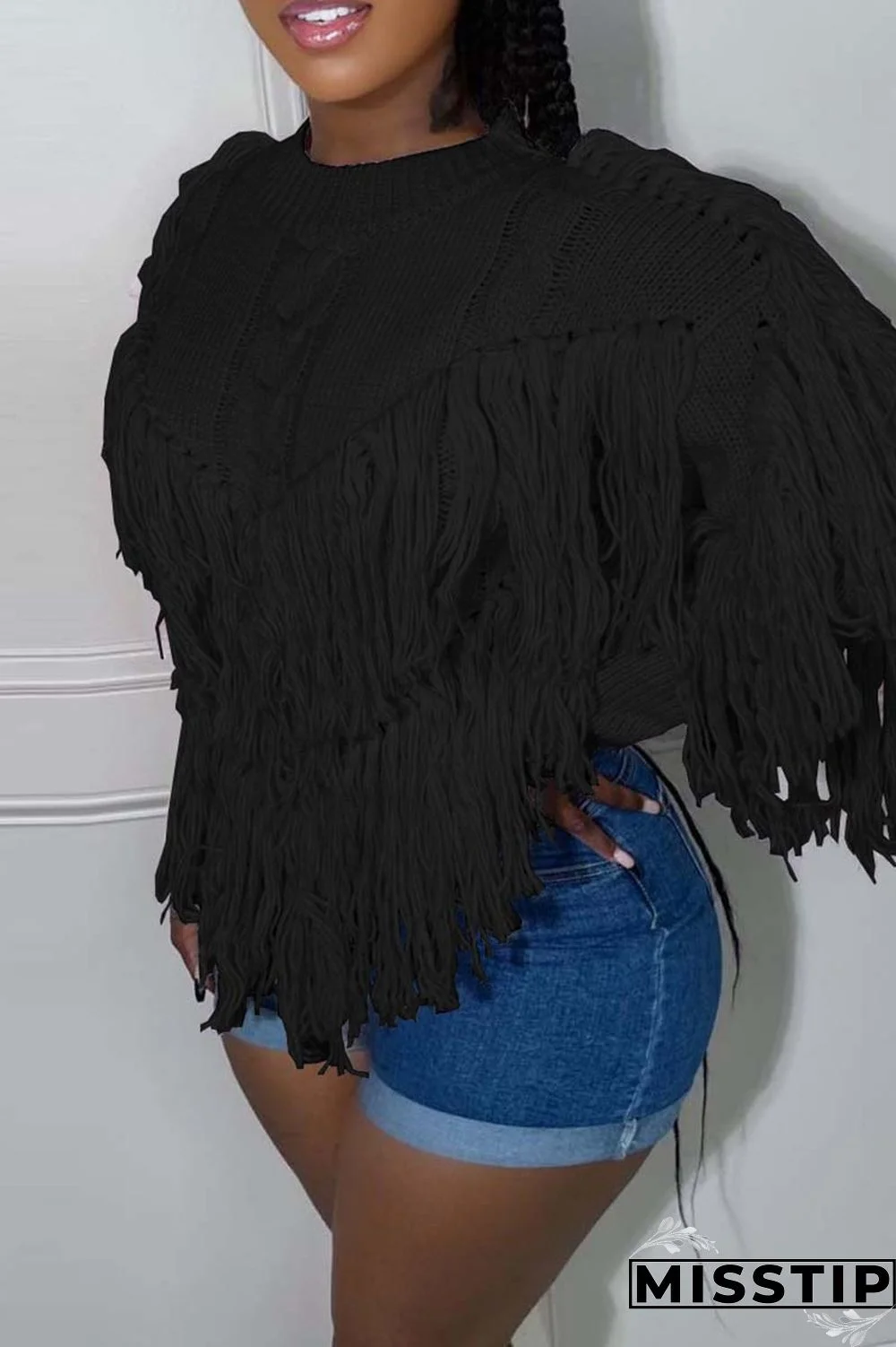 Black Casual Solid Tassel O Neck Tops