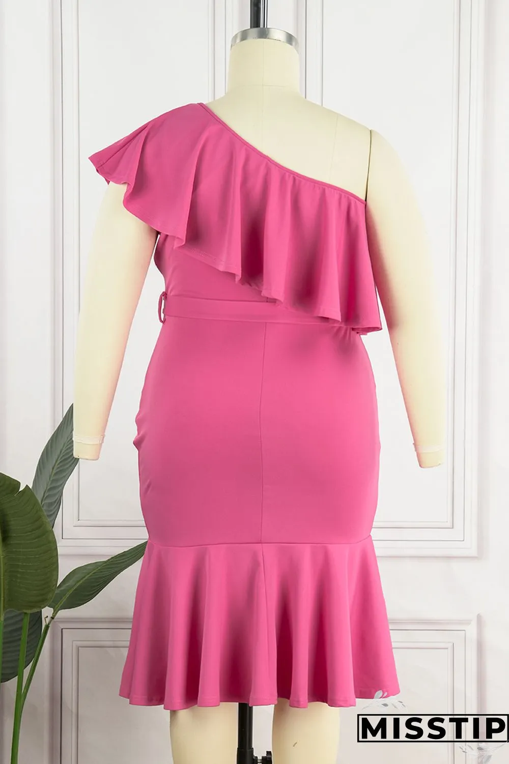 Green Casual Solid Patchwork Backless Oblique Collar Plus Size Dresses