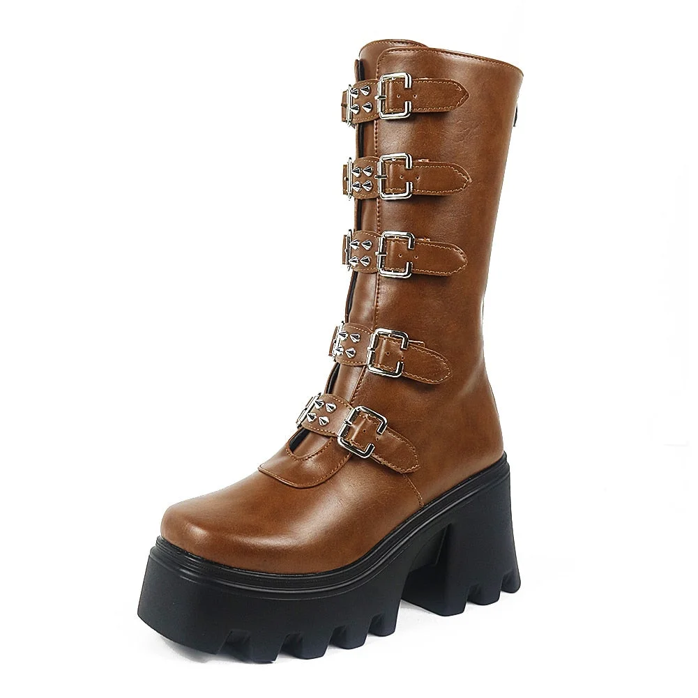 Brand New Motorcycle Boots Women Platform Chunky High Heels Rivet Buckle Women's Boots 2021 Fashio Punk Botas De Mujer