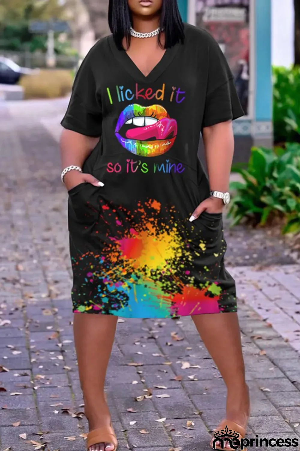 Black Gold Fashion Casual Print Basic V Neck Short Sleeve Dress