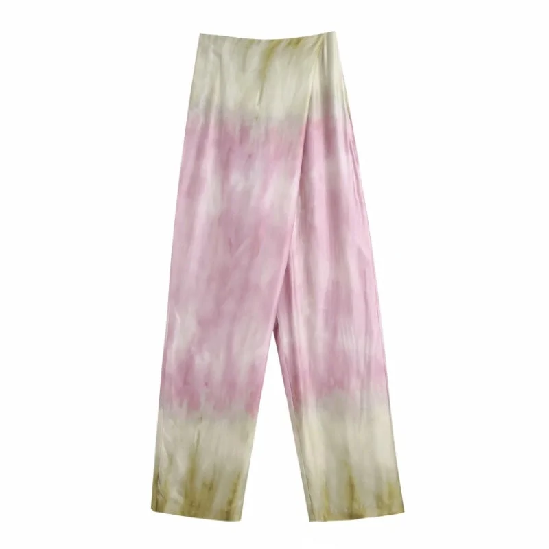 2021 New Spring Women Tie Dye Printing Satin Cross Pants Casual Lady Loose Trousers P2018