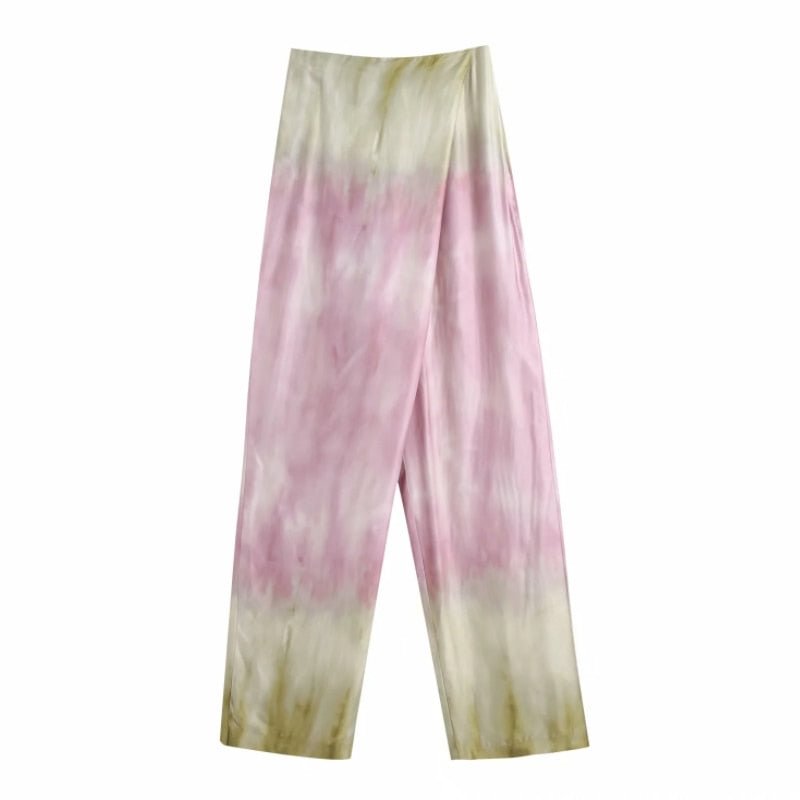 2021 New Spring Women Tie Dye Printing Satin Cross Pants Casual Lady Loose Trousers P2018
