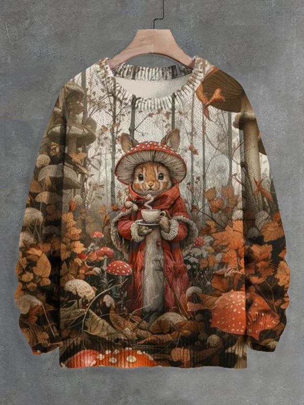Men's A Rabbit Drinking Coffee In The Forest Print Knit Sweatshirt