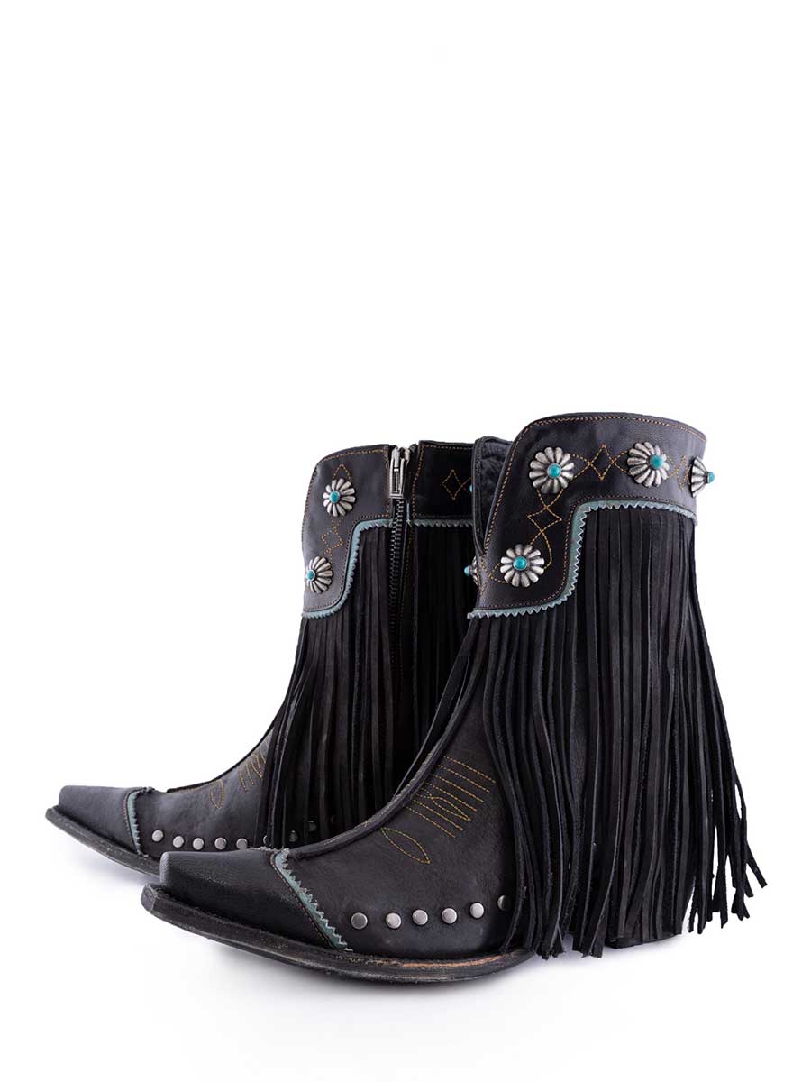 Black Faux Suede Snip Toe Fringe Studded Chunky Heel Western Boots