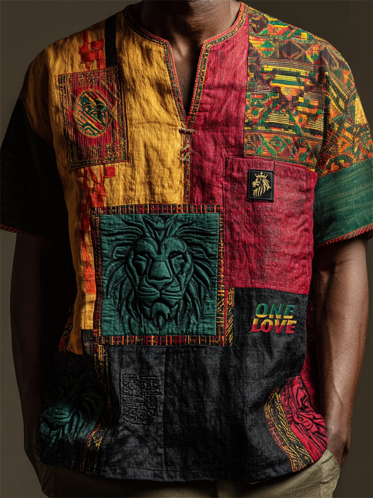 Men's Reggae Lion Ethnic Colorblock Patchwork Linen Shirt