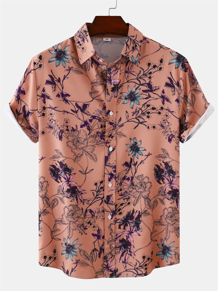 Summer New Floral Print Men's Casual Lapel Shirt Short-sleeved Floral Shirt Slim-type Men's Clothing-JRSEE