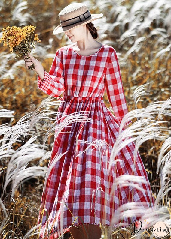 New Red O Neck Plaid Cinched Cotton Long Dresses Fall