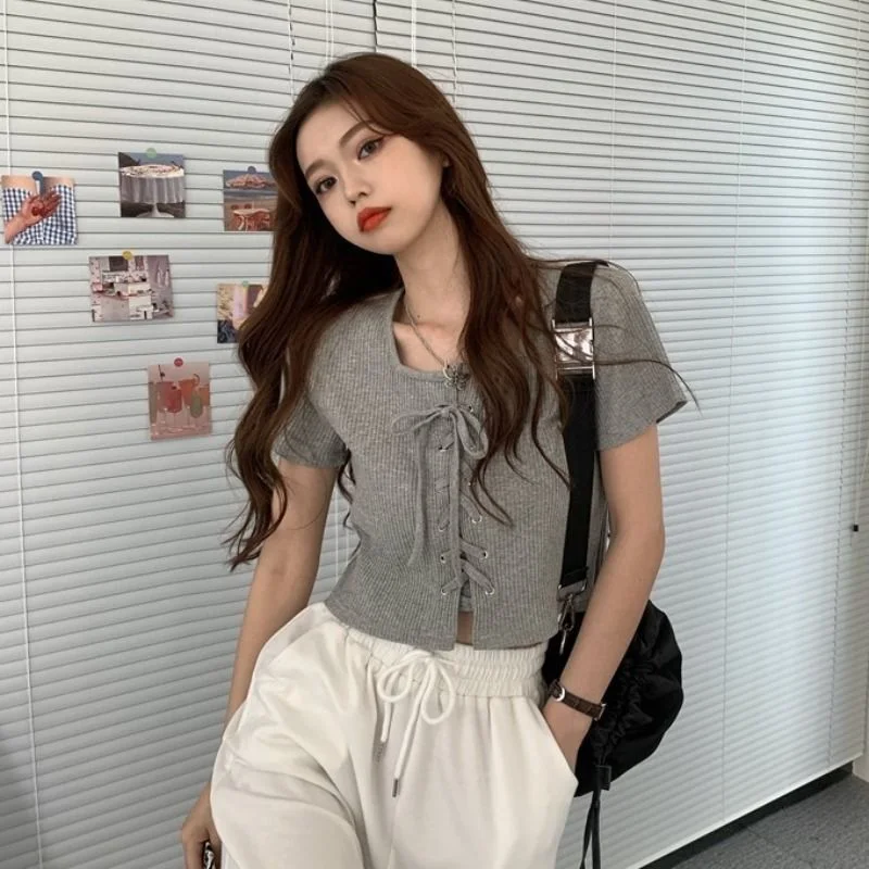 T-shirts Women Cropped Summer Simple Design Tops Casual Short Sleeve College All-match Stylish Sweet Sexy Mujer Ulzzang Clothing