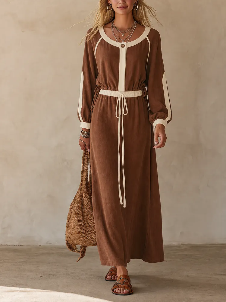 Earthy Boho Contrast Trim Top & Maxi Skirt Set
