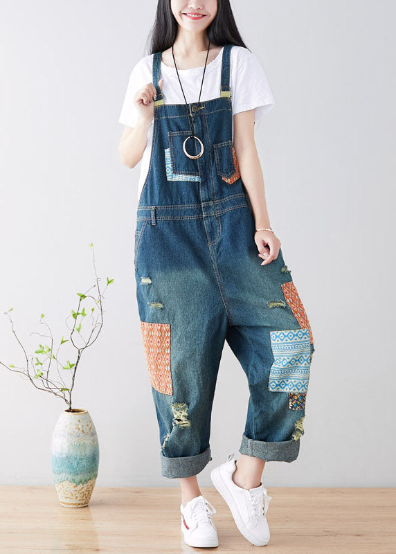 VCSHOES Blue pockets Patchwork ripped denim Jumpsuit Spring