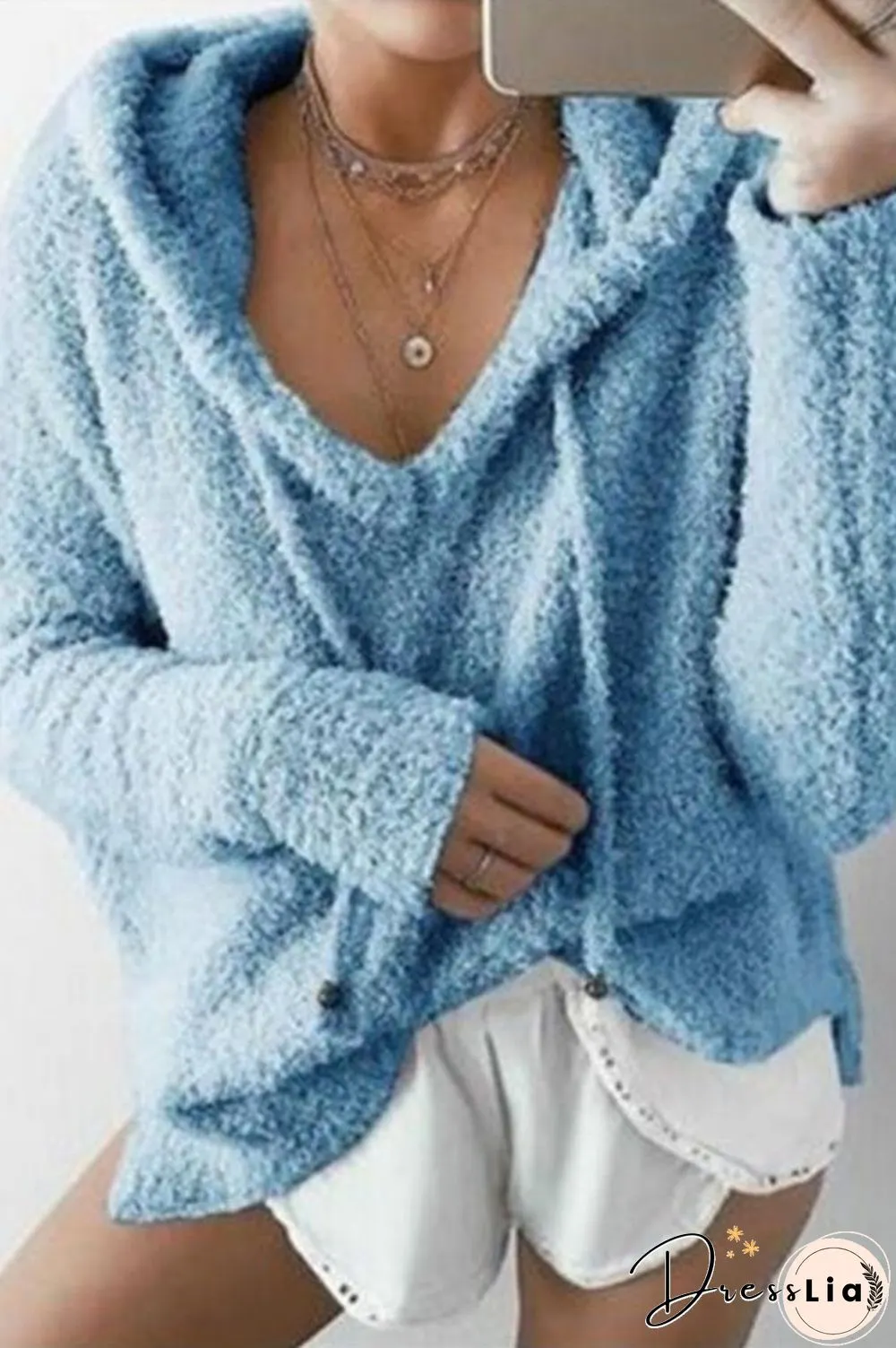 Mohair Pullover Hooded Drawstring Sweatshirt P13487