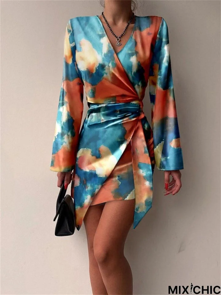 Long Sleeve Printed V-Neck Sexy Irregular Dress