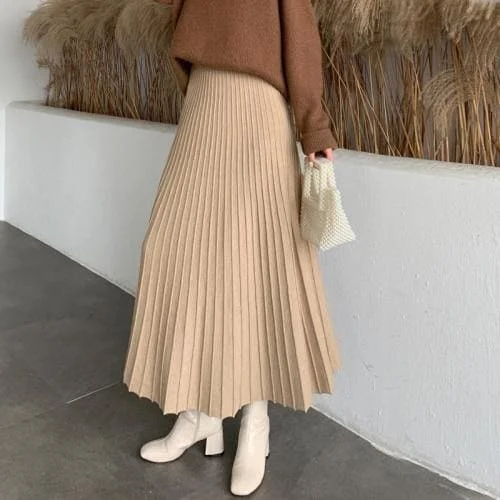 Elegant Solid Color Pleated Knitted Skirt 