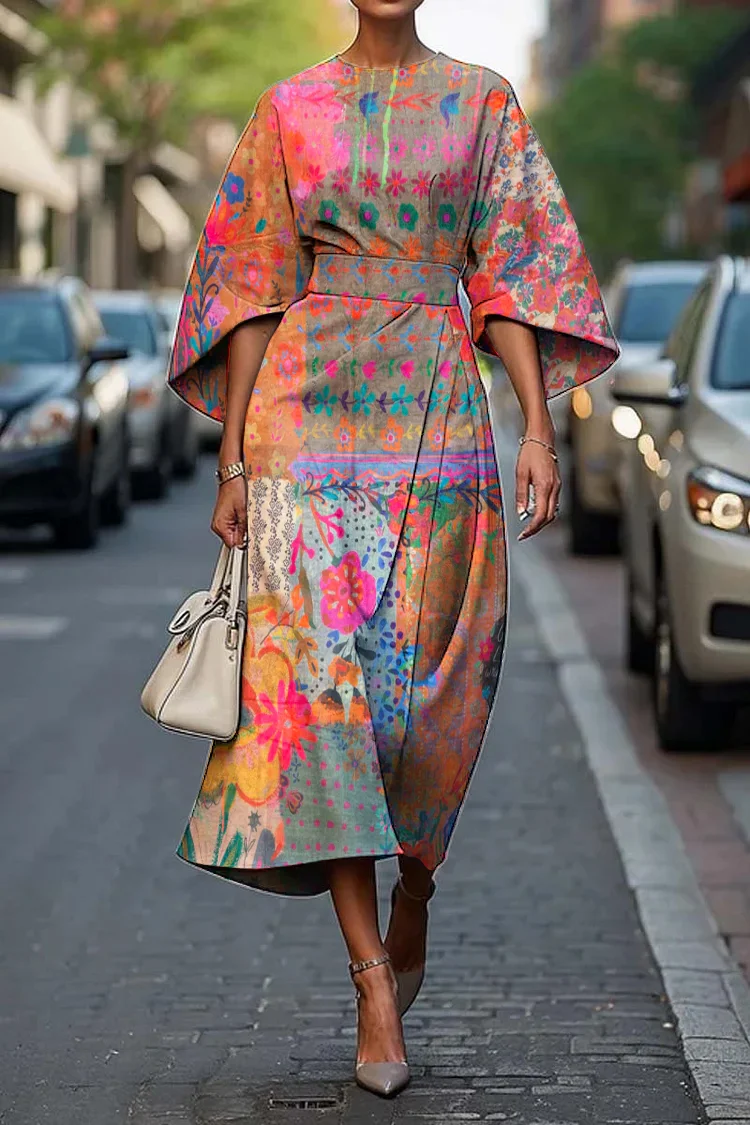 Women's Vintage Elegant Floral Heart Print Midi Dress