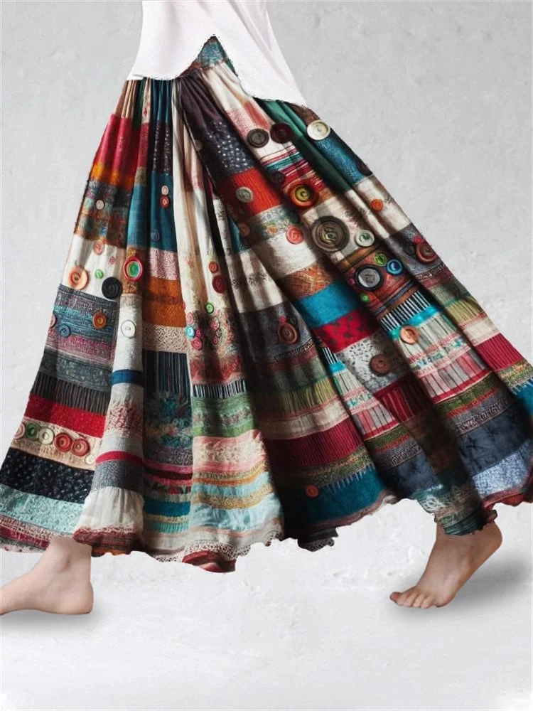 Women's Retro Textile Flowy Linen Blend Wide Skirt 