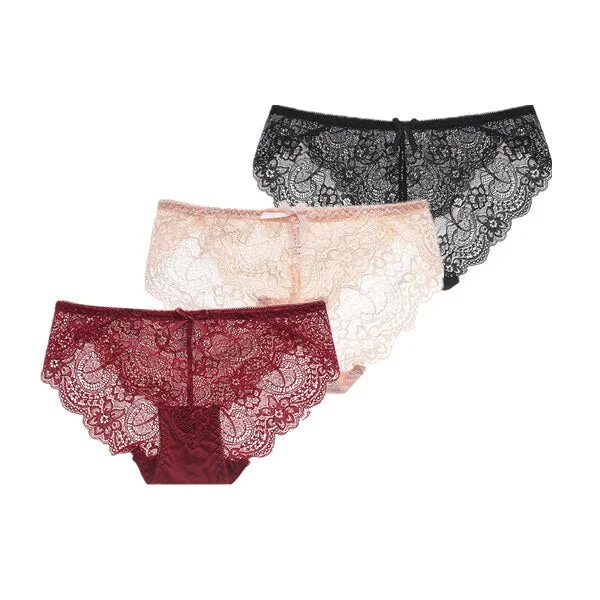 3Pcs/Lot Sexy Lace Underwear Women Transparent Low Waist Panties Cotton Crotch Briefs for Girls Breathable Seamless Lingeries