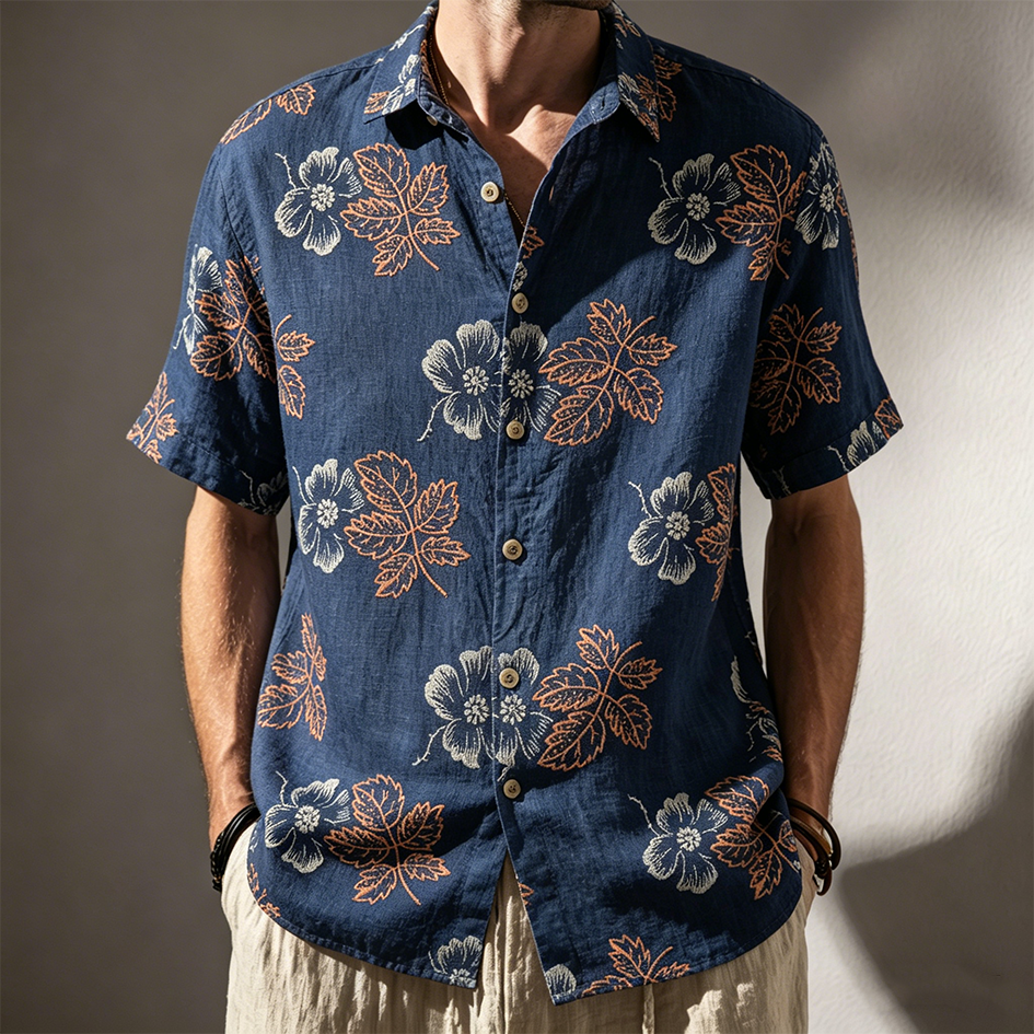 Comstylish Retro Plant Flower Print Casual Linen Shirt
