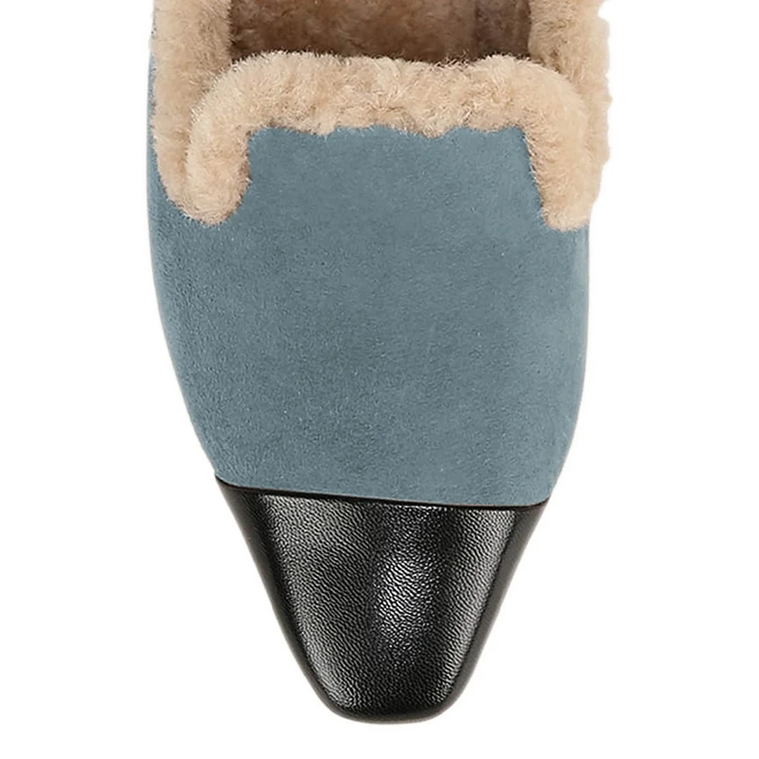 Warm Vegan Suede Cap-Toe Chunky Heel Fur Trim Mules Shoes in Blue
