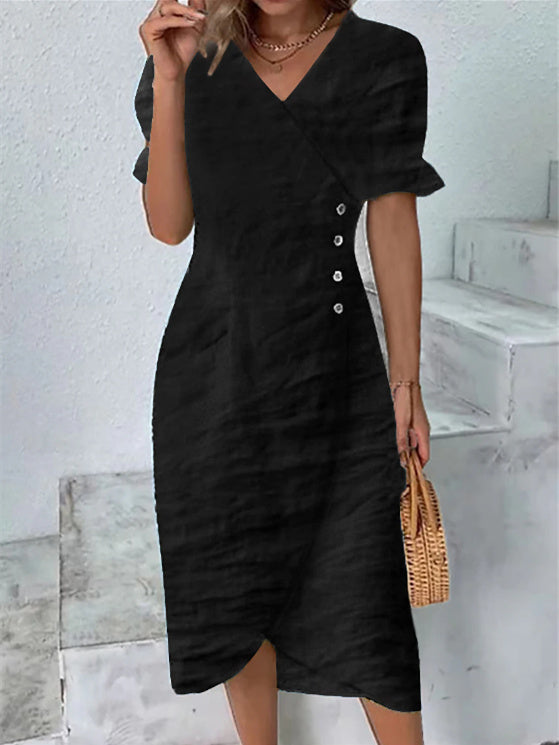 Women Half Sleeve V-neck Solid Color Dress