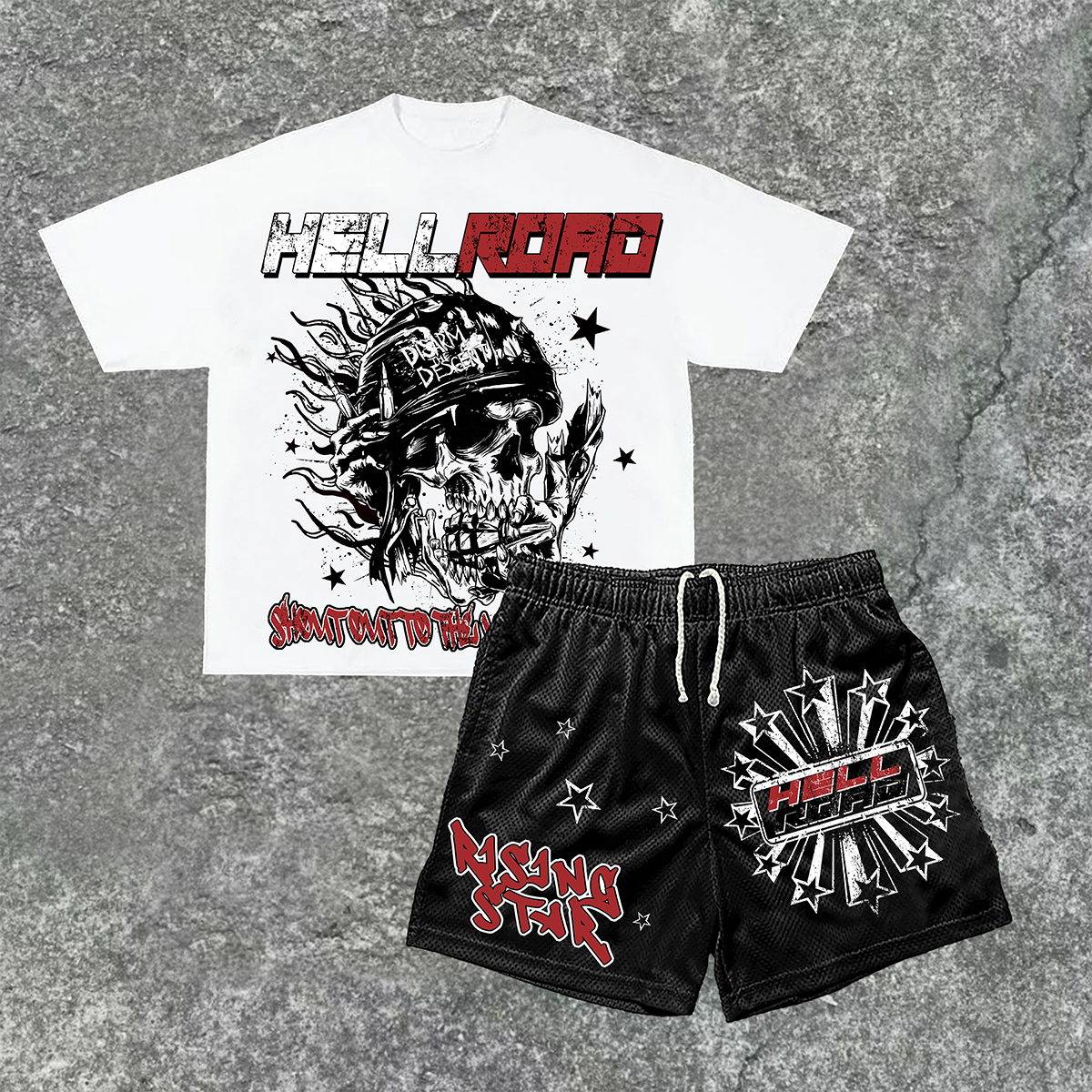 Vintage Hell Road Retro Star Flame Skull Print Short Sleeve Tee & Shorts Two Piece Set