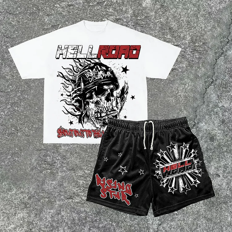 Vintage Hell Road Retro Star Flame Skull Print Tee & Shorts Set SOPULA