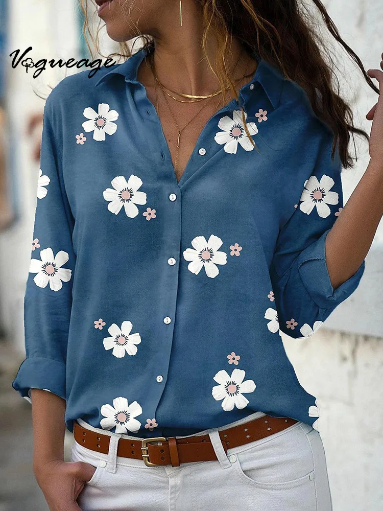 Lapel Long Sleeve Fashion Slim Fit Flowers Printed Cotton And Linen Shirt