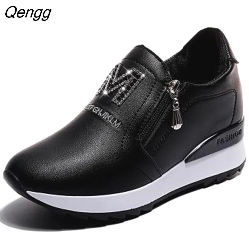 Qengg Platform Wedges Women's Sneakers High Quality Rhinestone Mesh Breathable Increased Casual Black Autumn Vulcanized Shoes