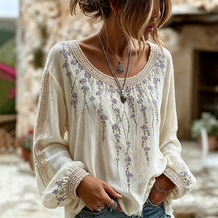 Women's Purple Daisy Floral Art Print Flowy Linen Blend Linen Blend Long Sleeve Casual Tops