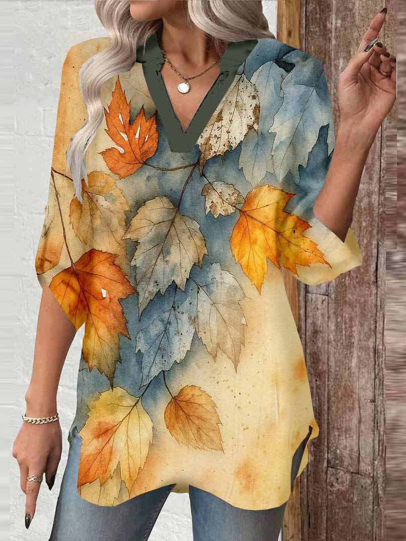 Women Leaves, Yellow DZGA0350 3/4 Sleeve V-neck Printed Graphic Button Tops