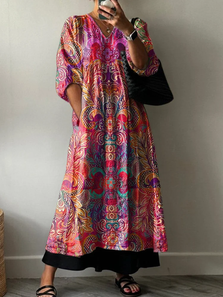 Colorful Ethnic Pattern Printed Women's Pocket V-Neck Cotton Dress