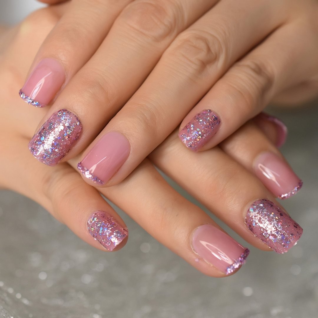 Pink Nude Fake Nails Acrylic Glitter Press On Nails Short Length Sequins Holo Jelly Gel Glossy Full Cover False Nail Tips