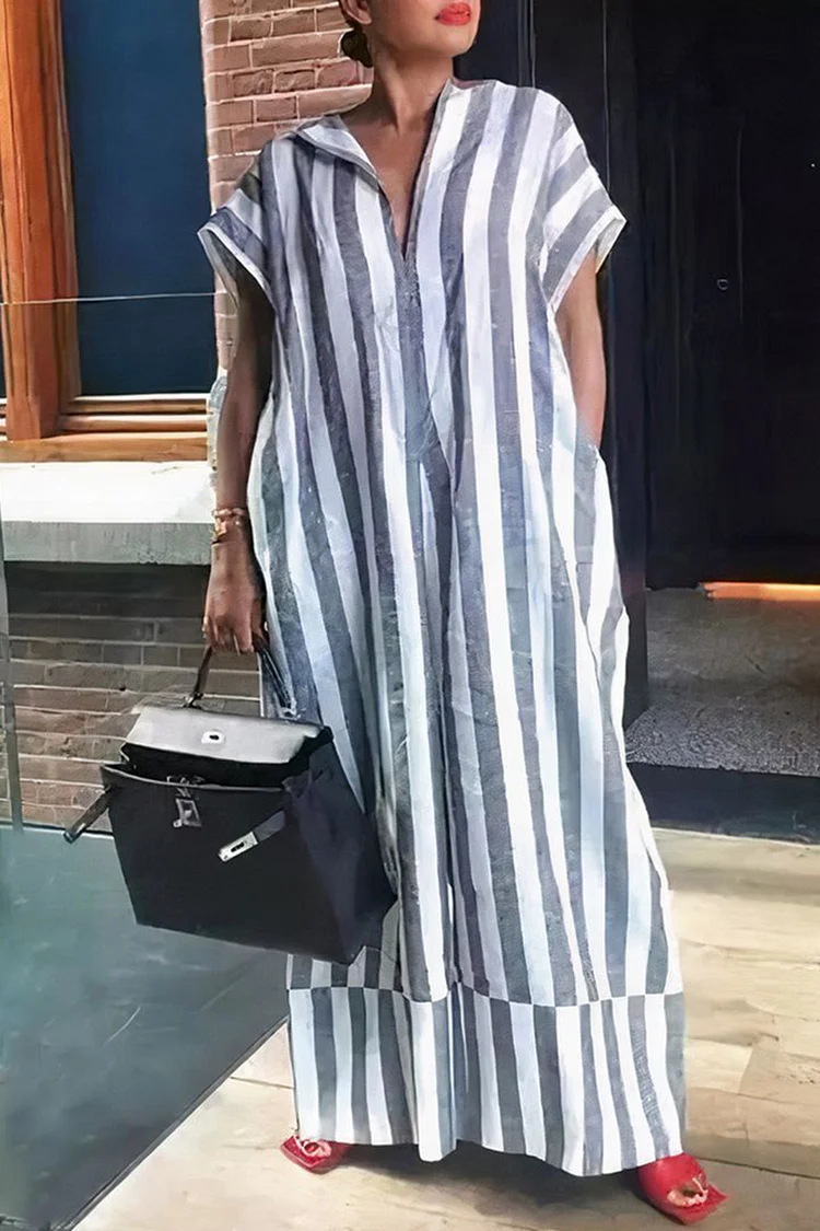Plus Size Grey Casual Loose Short Sleeve V Neck Stripe Maxi Dresses