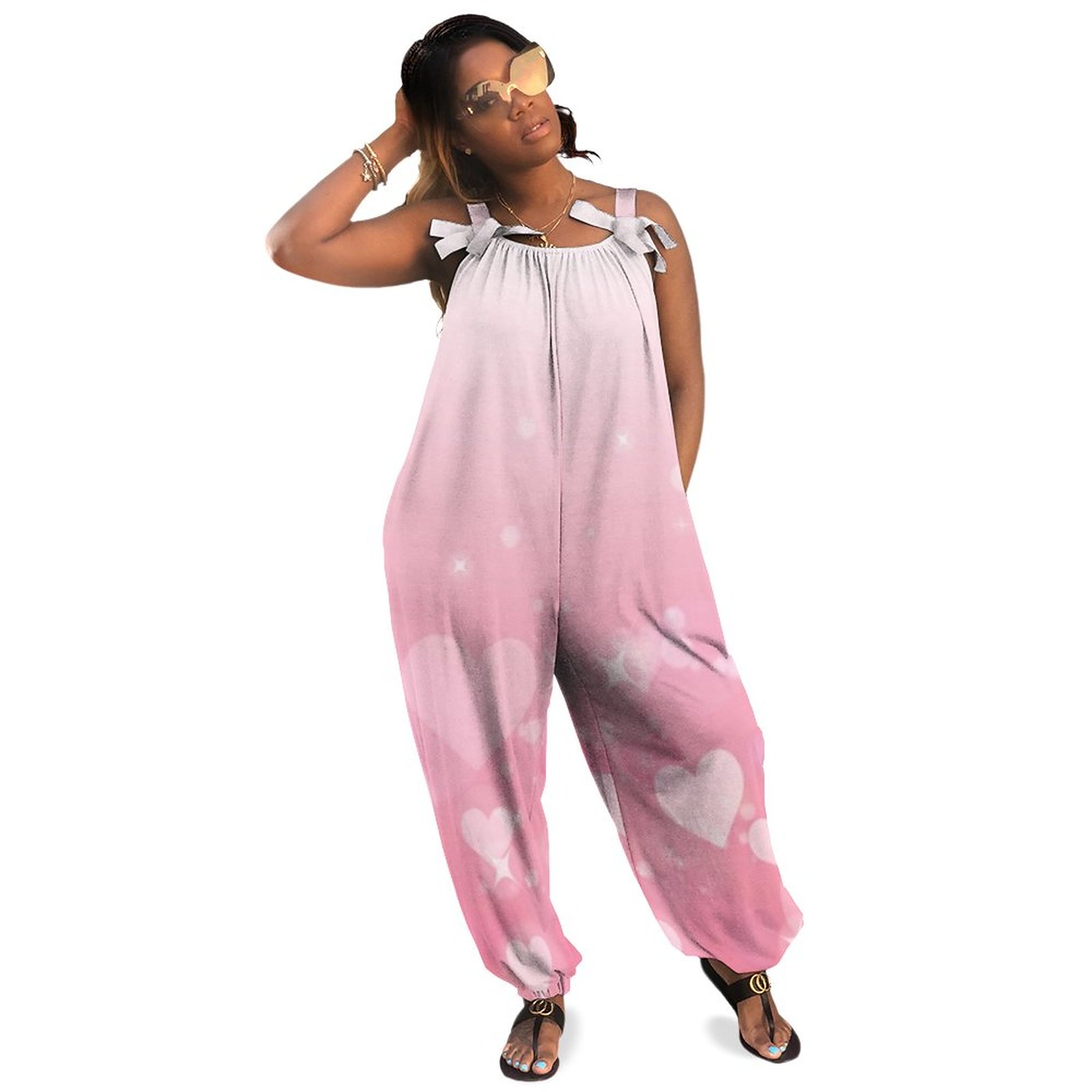 Pink Hearts Plus Size Women Jumpsuit Summer Casual Loose Style Winter Work Wear Polyester Spandex Long Length Pockets
