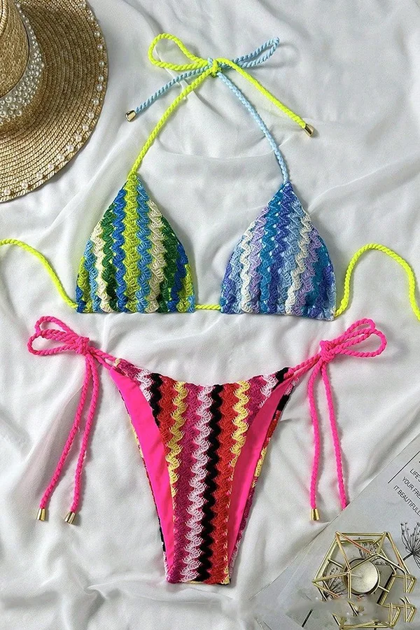 Knit Wave Unique Print Stretch Tie Bikini Swimsuit