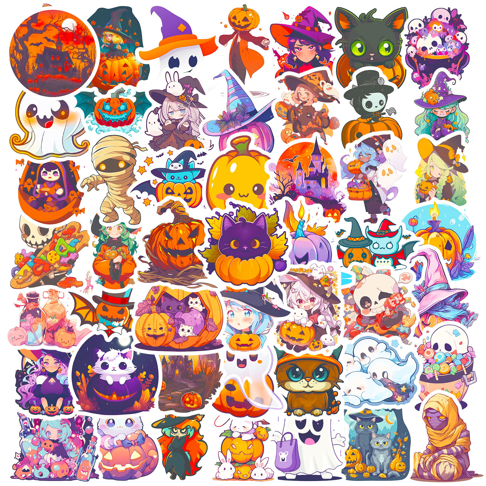 50pc Kids Halloween Sticker Set: Cartoon Ghosts,  Witches & Bat Decals