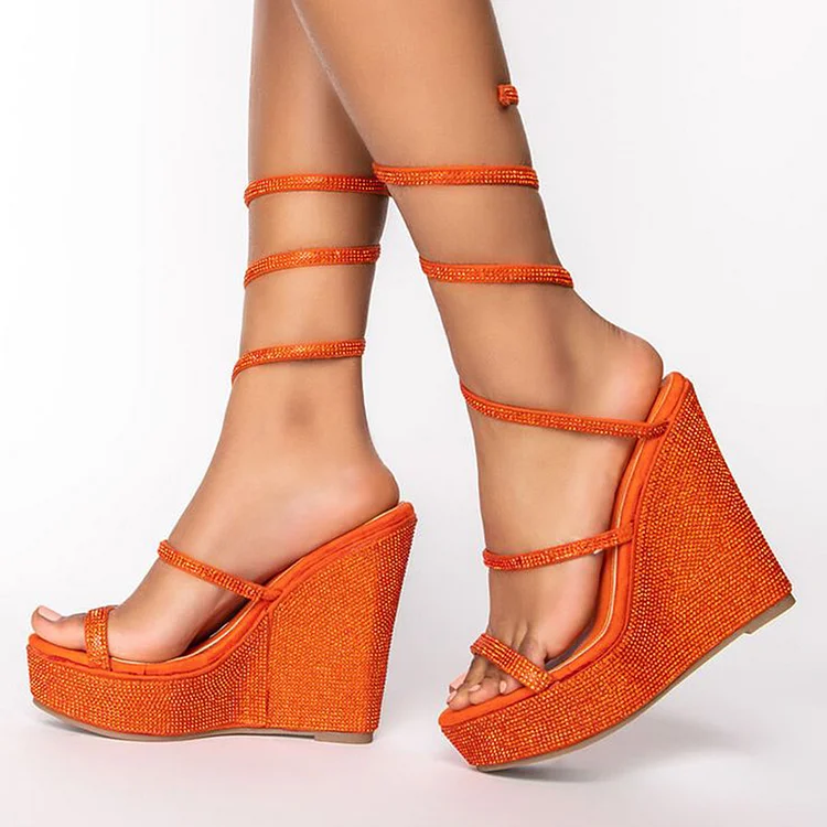 Orange Platform Wrap Shoes Elegant Open Toe Wedge Sandal Party High Heels |FSJ Shoes