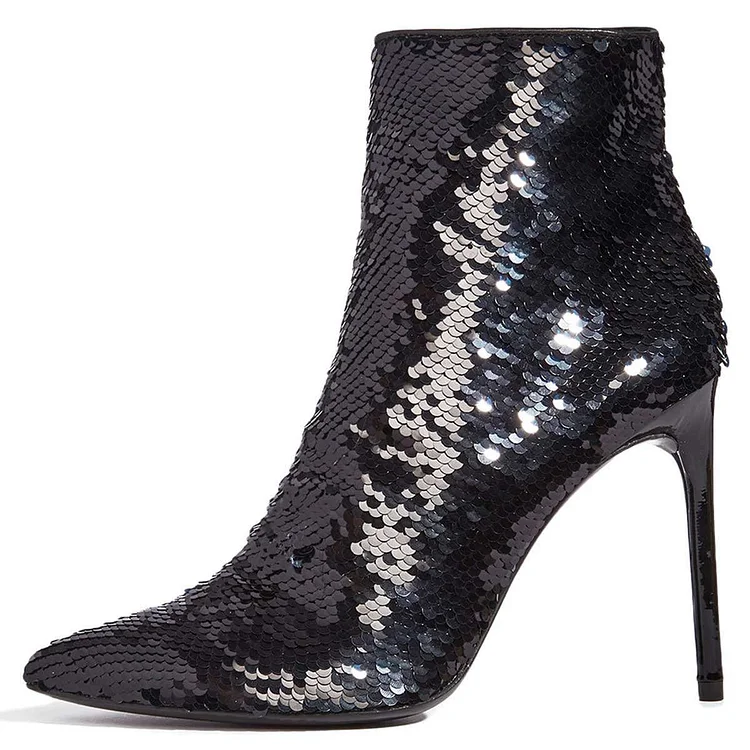 Black Sequined Boots Stiletto Heel Ankle Boots |FSJshoes