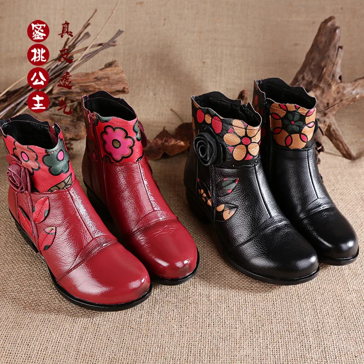 Churchf Churchf And Winter New Leather Shoes National Style Handmade Women's Boots Round Head Warm Large Size Cotton Shoes Leisure Boots-Outfit Ideas