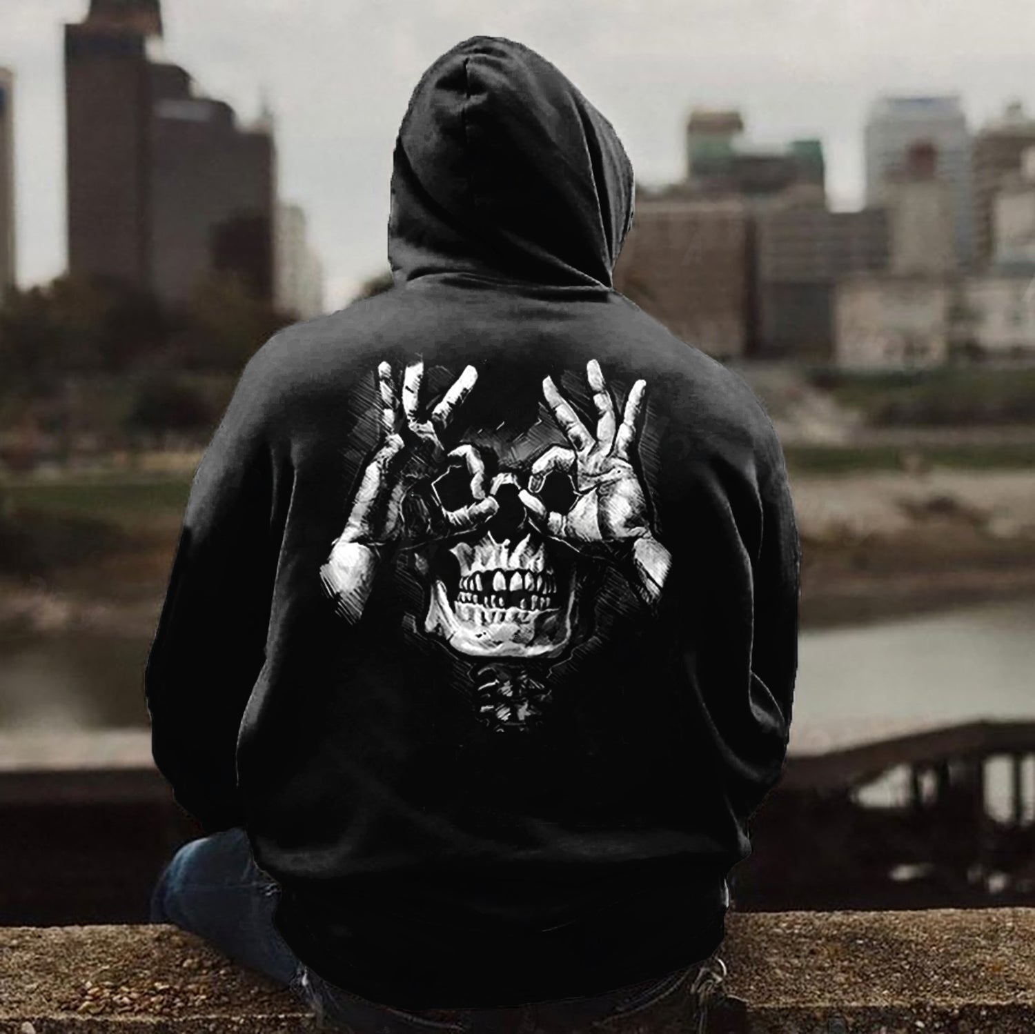 OK Hand Gesture Skeleton Casual Graphic Black Print Hoodie