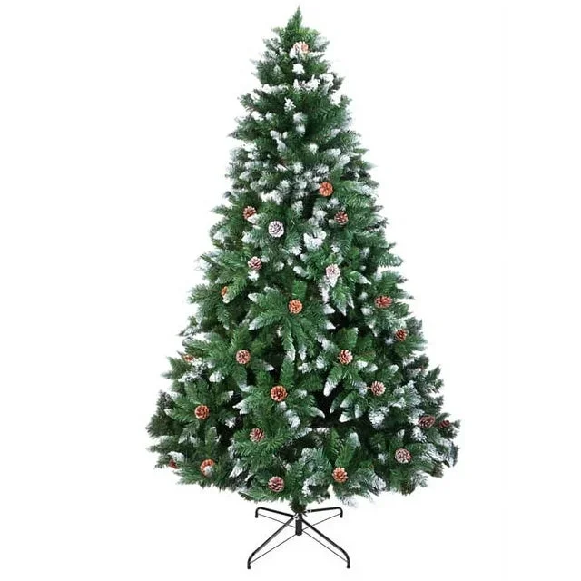 7 Foot Artificial Holiday Christmas Tree with 1350 Branch Flocking Spray White Tree and Pinecones, Metal Stand