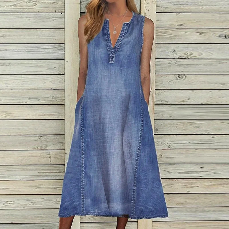 New Sleeveless V Neck Casual Dresses 2021 Spring Pocket A-Line Denim Dress Women Summer Loose Long Beach Dress Mujer Vestidos